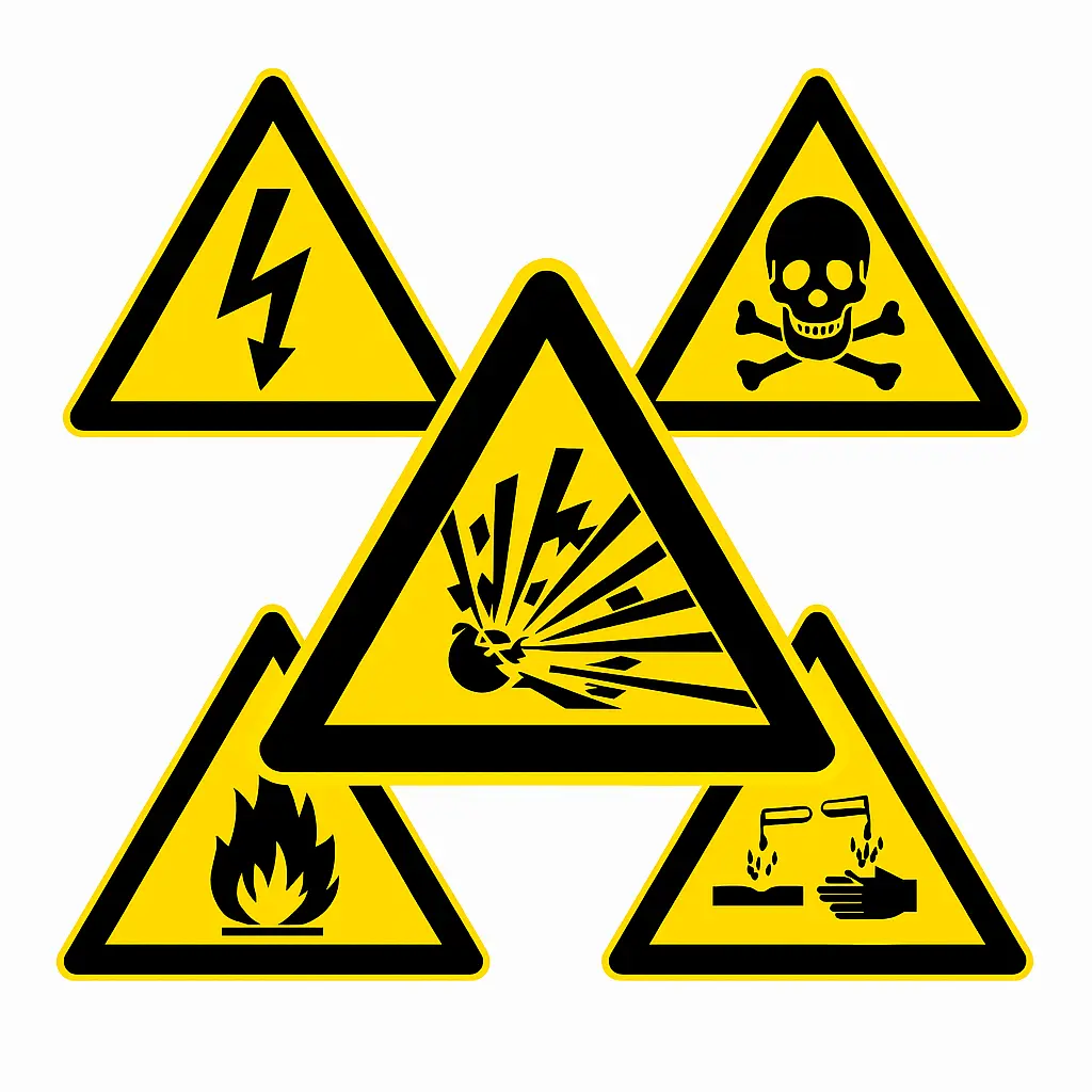 Panneaux d’avertissement ISO 7010 – dangers électriques, glissade, produits dangereux