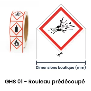 Rouleau d’étiquettes GHS 01 explosion ou détonation – signalisation GHS à Aigle dans le canton de Vaud (Suisse romande)