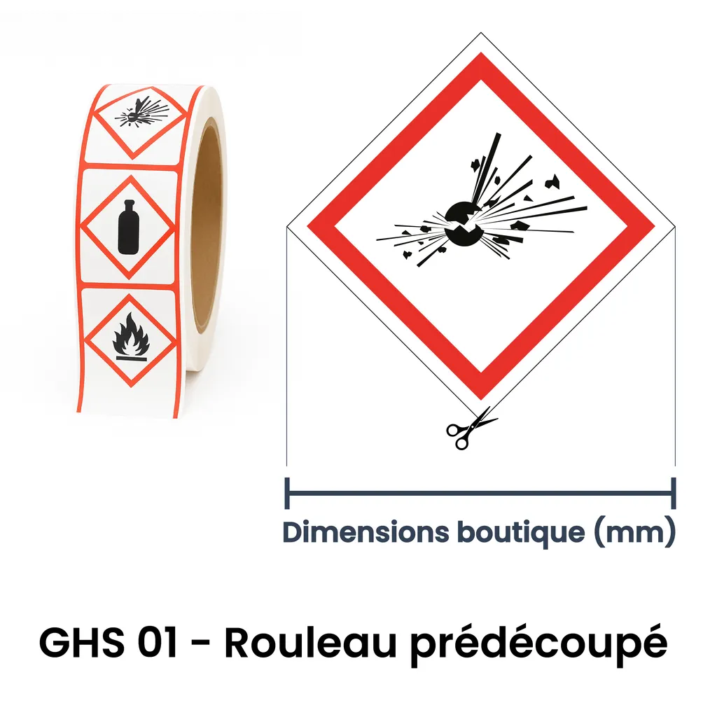 Rouleau d’étiquettes GHS 01 explosion ou détonation – signalisation GHS à Aigle dans le canton de Vaud (Suisse romande)