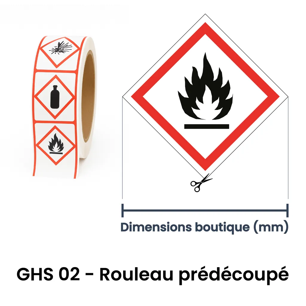 Rouleau d’étiquettes GHS 02 inflammable (liquide, solide ou gaz) – pictogramme SGH en Suisse romande
