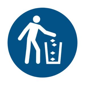 Panneau d'obligation ISO 7010 M030 jeter dechets dans poubelle obligatoire – signalétique règlementaire dans le Valais suisse