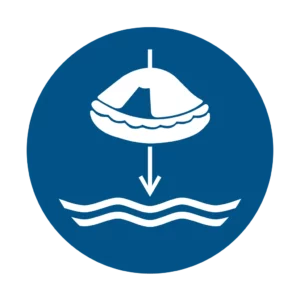 Panneau d'obligation ISO 7010 M040 descendre radeau sauvetage obligatoire – signalétique règlementaire dans le Valais suisse