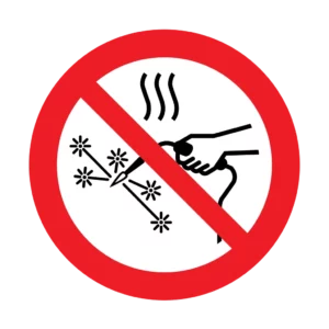 Panneau d'interdiction ISO 7010 P039 travaux a chaud interdits – signalisation d'accès interdit dans notre atelier en Valais