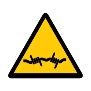 Panneau d'avertissement ISO 7010 W033 fil barbeles – signalisation d'avertissement en Suisse romande