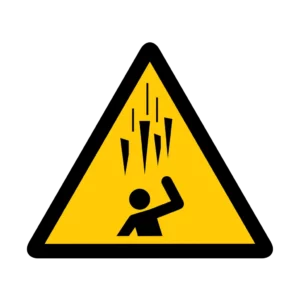 Panneau d'avertissement ISO 7010 W039 chute pics de glace – signalisation de sécurité à Sierre dans le canton du Valais (Suisse)